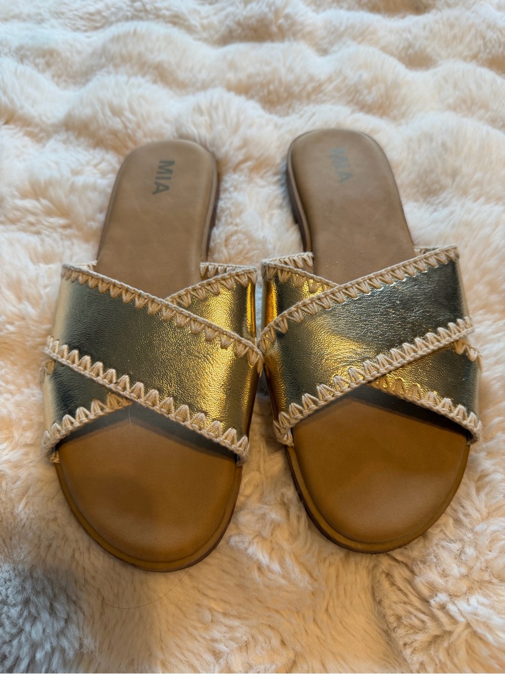 MIA Metallic Gold Criss Cross Flat Slide Sandals Size 11
